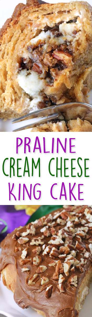 King Cake with Pecan Praline Cream Cheese Filling and Praline Frosting {100% whole grain option}