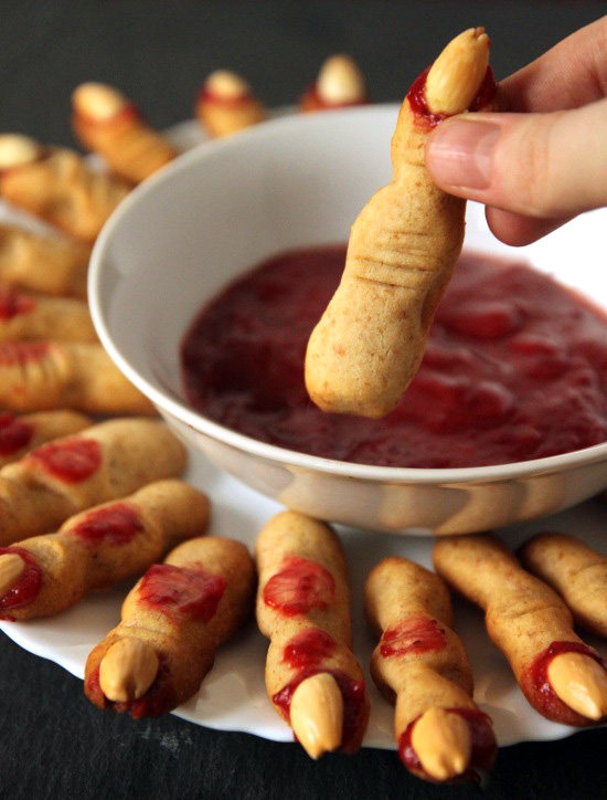 These whole wheat witch fingers don't use any food coloring! Just jam.
