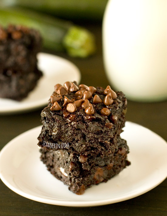 Chocolate Zucchini Brownies - so gooey and chocolatey, nobody will have a clue that these are almost fat free! They are also 100% whole grain and dairy-free. | texanerin.com