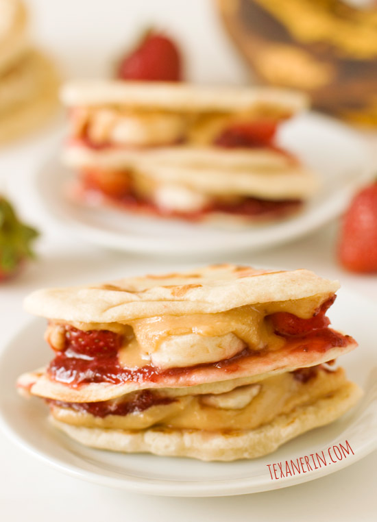 Peanut Butter, Strawberry and Banana Quesadillas can be made gluten-free, whole grain, vegan, dairy-free etc. | texanerin.com