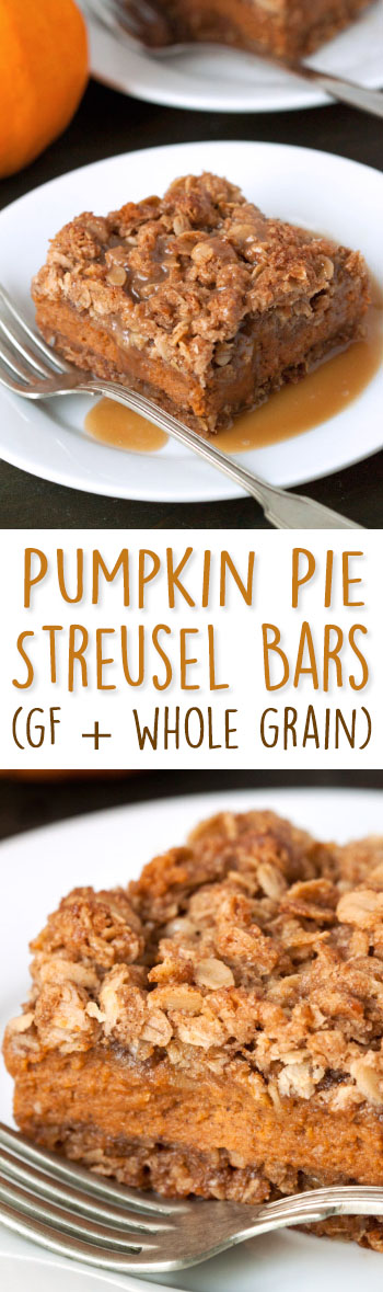 These pumpkin pie bars are loaded with streusel and are a fun alternative to traditional pumpkin pie! {gluten-free, 100% whole grain}