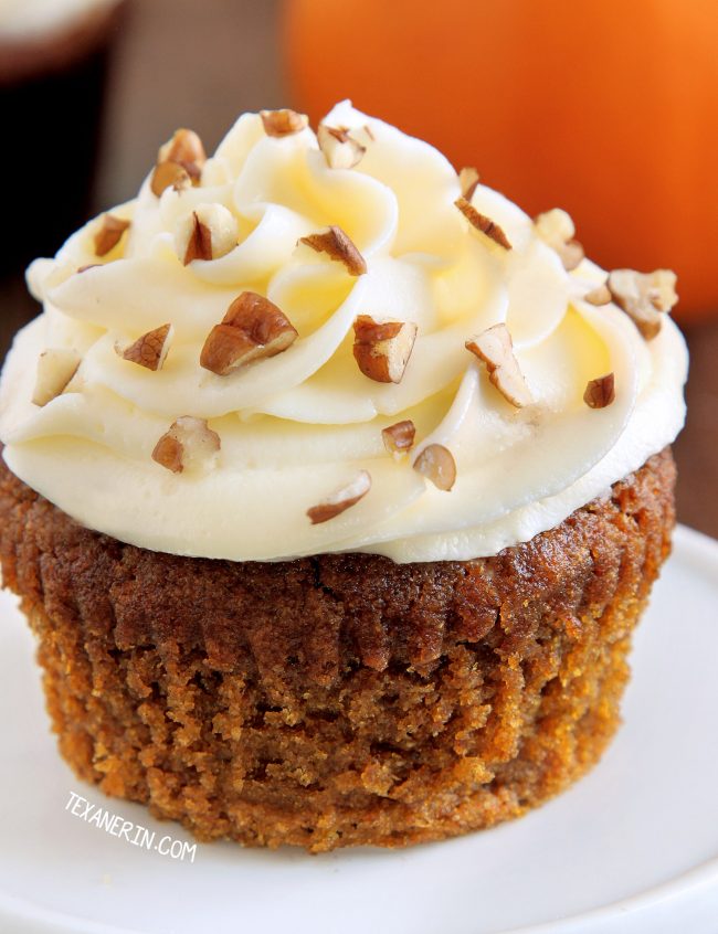 These pumpkin cupcakes are incredibly delicious, super moist and are topped off with cream cheese frosting (with a dairy-free option). Can be made gluten-free, 100% whole grain and with all-purpose flour.