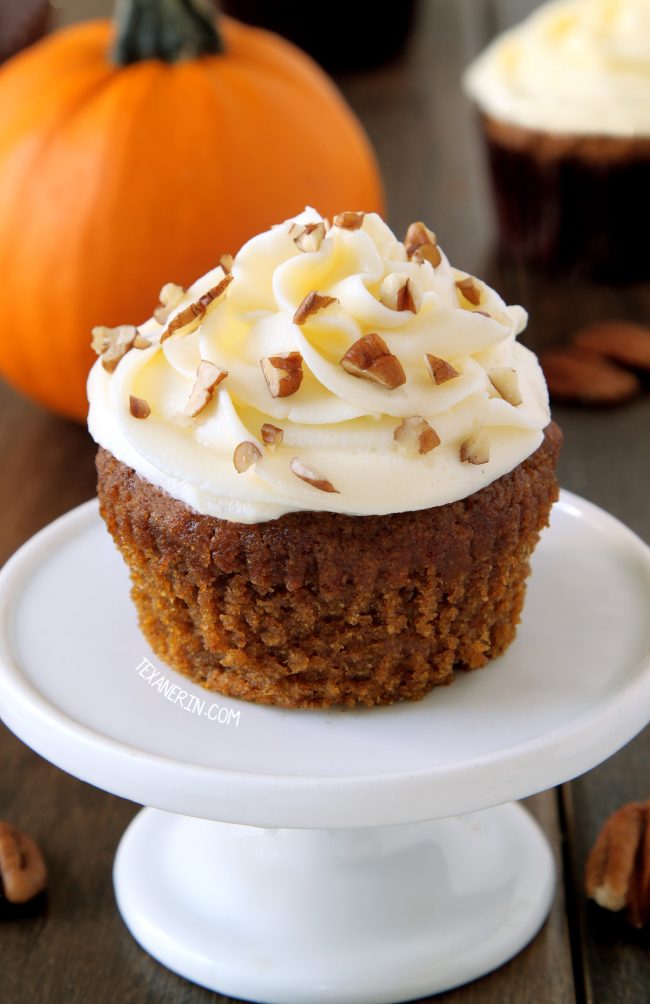 These pumpkin cupcakes are super moist, incredibly delicious and topped off with cream cheese frosting (with a dairy-free option). Can be made with gluten-free, 100% whole grain or all-purpose flours.