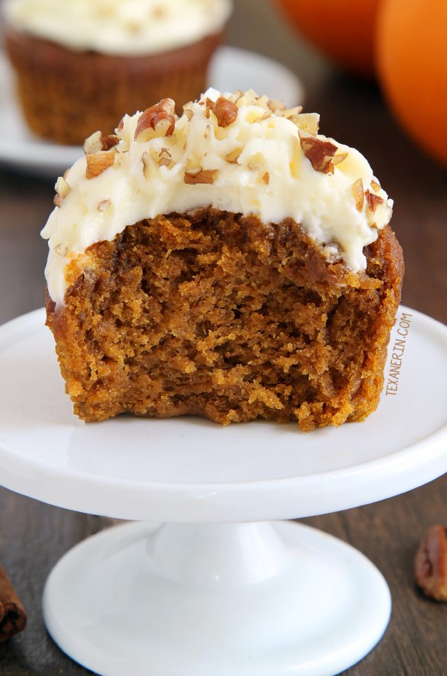 These pumpkin cupcakes are super moist, incredibly delicious and topped off with cream cheese frosting (with a dairy-free option). Can be made gluten-free, 100% whole grain and with all-purpose flour.