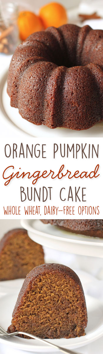 Orange Pumpkin Gingerbread Bundt Cake {100% whole wheat and dairy-free options}