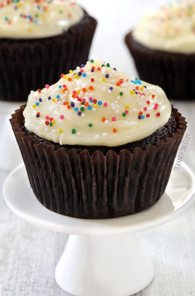 These 100% whole wheat chocolate cupcakes are so incredibly moist! They can also be made with gluten-free or all-purpose flour and are naturally dairy-free.