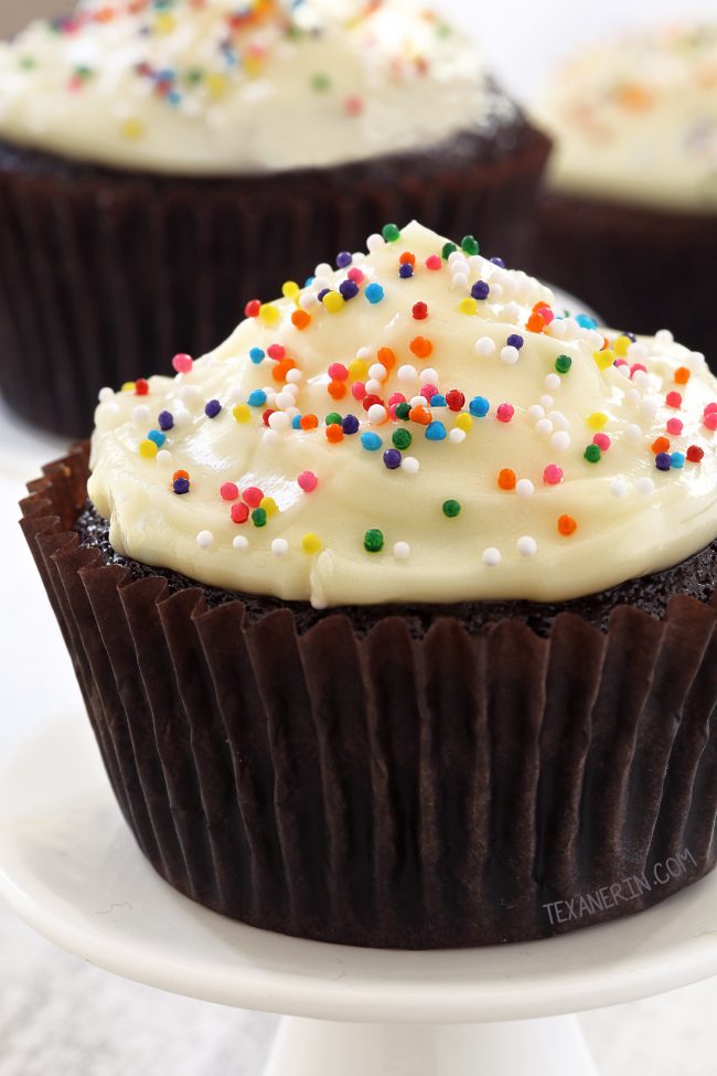 These 100% Whole Wheat Chocolate Cupcakes are so very moist! They can also be made with all-purpose or gluten-free flour and are naturally dairy-free.