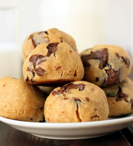 peanut butter chocolate chip cookies made with chickpeas piled on a white plate