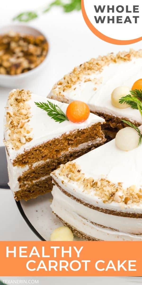 This Healthy Carrot Cake is incredibly moist and nobody will believe it's whole grain! With a delicious, less sugary cream cheese frosting. Can also be made with all-purpose flour.