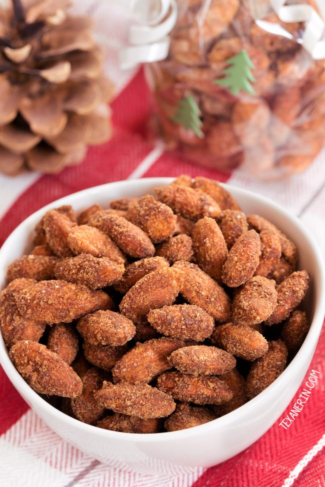 These paleo vegan candied almonds are lightly naturally sweetened, flavored with cinnamon and vanilla and make excellent last-minute gifts! Naturally gluten-free.