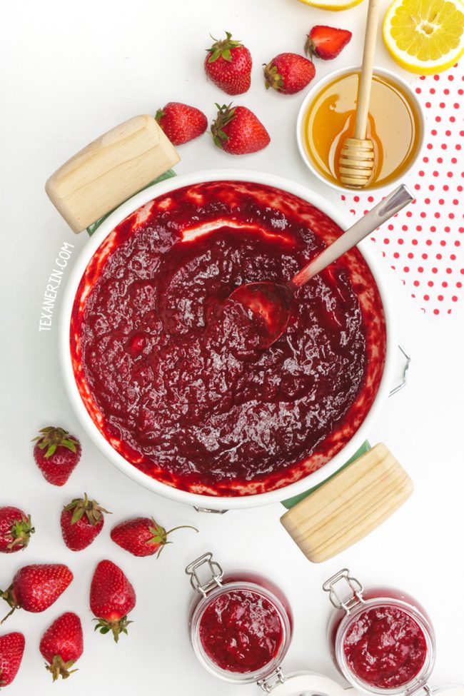 Wondering how to make strawberry jam? All you need to do is boil a few ingredients you probably already have! This amazingly easy, pectin-free and lower in sugar homemade strawberry jam can also be sweetened naturally and is paleo and vegan. With a how-to recipe video.