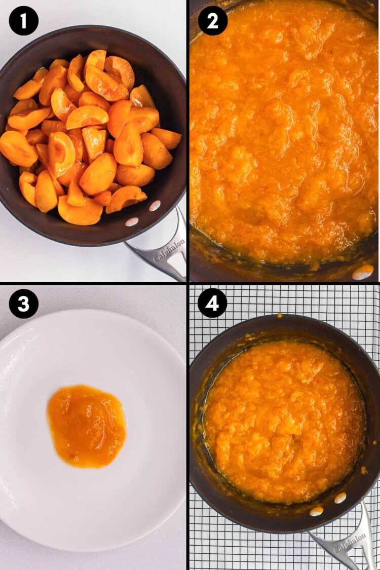 collage showing the apricots in a saucepan, being cooked, some preserves on a plate to check if they're ready, and the saucepan on a cooling rack