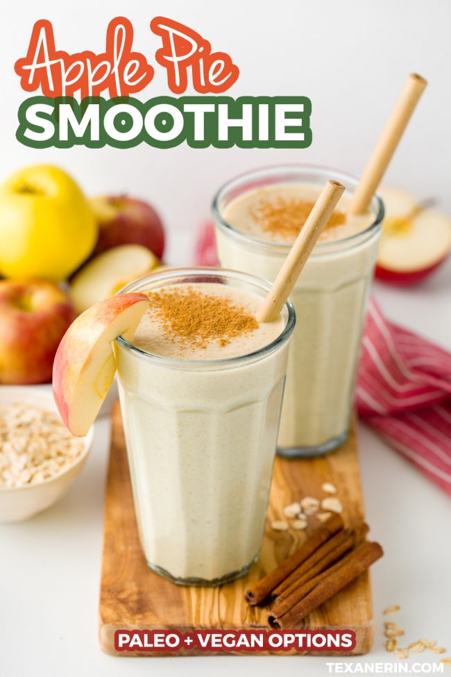 This apple smoothie is thick, creamy and so delicious. Think of it as a fuss-free, less sugary and more healthy version of apple pie. With vegan and paleo options.