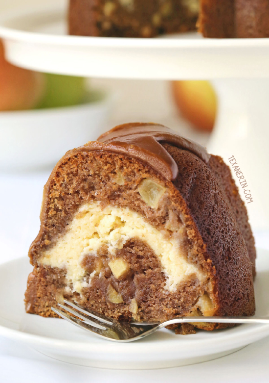 Healthier Apple Cream Cheese Bundt Cake with a delicious Praline Frosting {100% whole grain but can also be made with all-purpose flour}