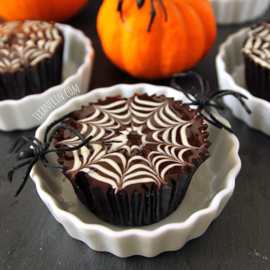Gluten- and Grain-free Chocolate Spiderweb Cupcakes with Chocolate Peanut Butter Fudge Frosting | texanerin.com