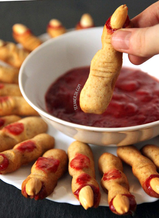 These healthier bloody witch fingers use jam in place of food coloring! Can be made with all-purpose flour or with whole wheat for a 100% whole grain version. The perfect Halloween recipe!