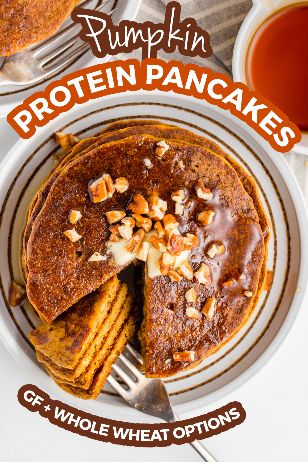 These easy pumpkin pancakes have an amazing texture! Unlike other healthy pumpkin pancakes, these aren't at all bready and taste amazing. With whole wheat and gluten-free options.