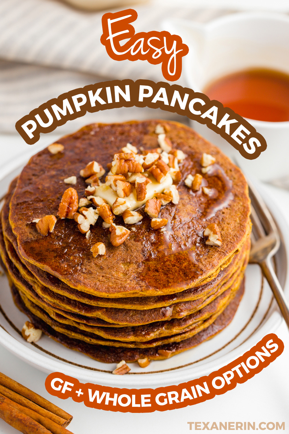 These easy pumpkin pancakes have an amazing texture! Unlike other healthy pumpkin pancakes, these aren't at all bready and taste amazing. With whole wheat and gluten-free options.