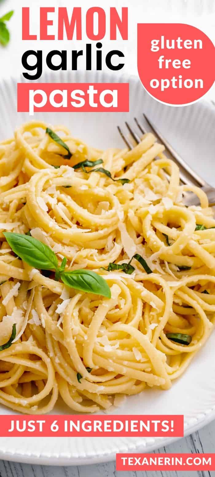 This lemon garlic pasta is the perfect busy weeknight dish! It's great as a main or side dish along with some chicken or fish. Simply use gluten-free pasta to make it gluten-free.