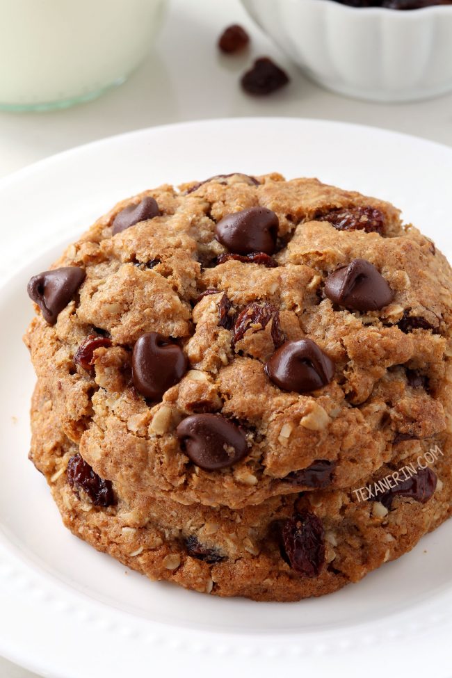 100% Whole Grain Soft and Chewy Oatmeal Raisin Cookies. With dairy-free option and can also be made with all-purpose flour