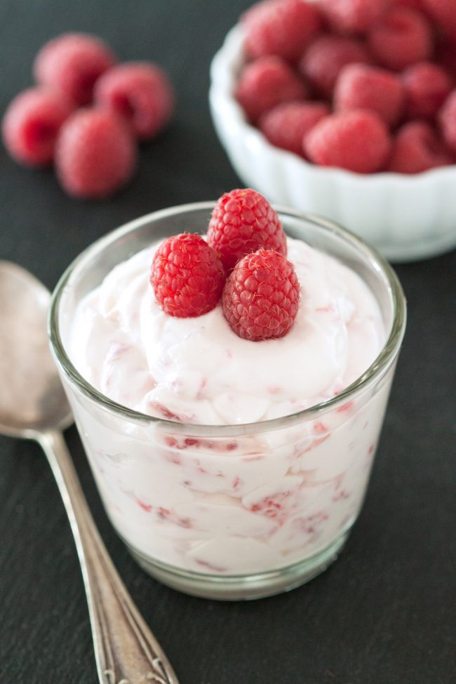 This quick and easy white chocolate raspberry mousse is made a little healthier with Greek yogurt and is made without eggs! {naturally gluten-free}