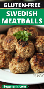 pin graphic gluten-free Swedish meatballs served on a white plate