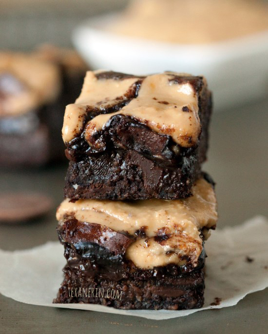 Chocolate Peanut Butter Brownies - These healthier chocolate peanut butter brownies use ground up oats in place of flour, making them gluten-free and 100% whole grain!