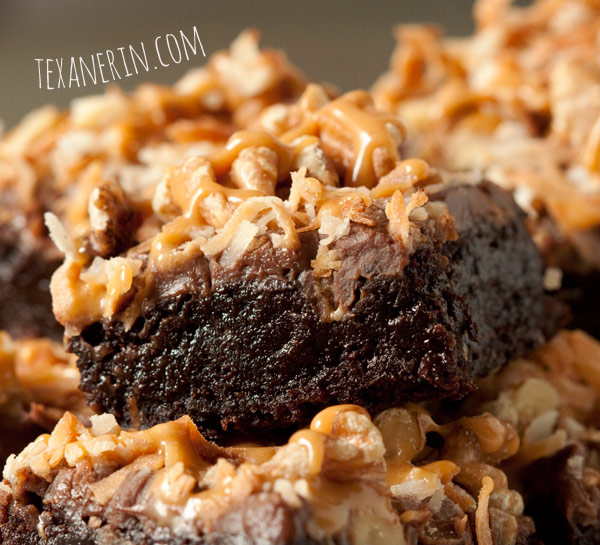 100% Whole grain German Chocolate inspired brownies made healthier! They also happen to be dairy-free and super gooey! | texanerin.com