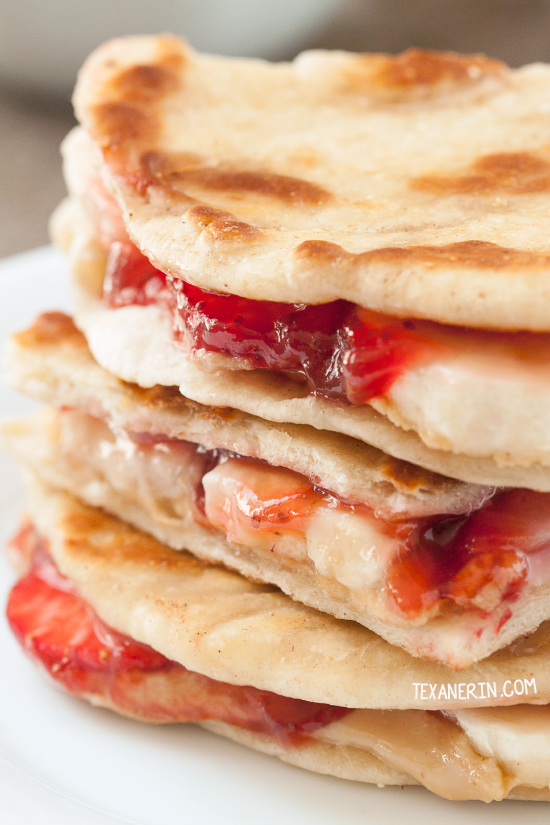 Peanut Butter, Strawberry and Banana Quesadillas can be made gluten-free, whole grain, vegan, and dairy-free.