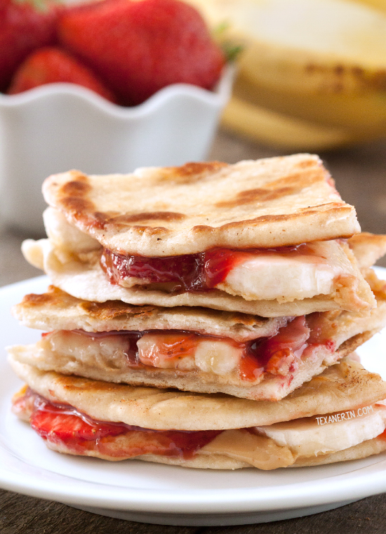 Peanut Butter, Strawberry and Banana Quesadillas - can be made whole grain, gluten-free, and vegan