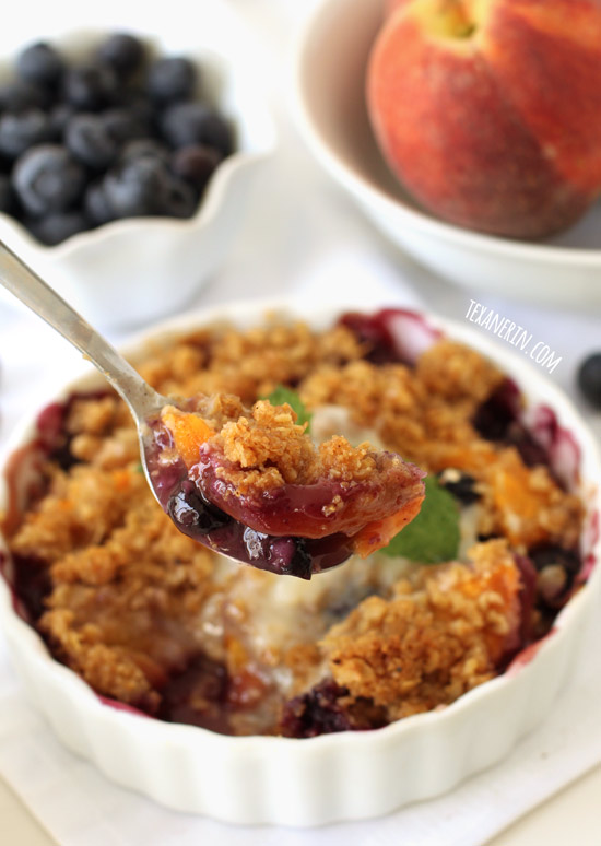 Blueberry Peach Crumble – just uses oats and ground up oats, meaning it's coincidentally gluten-free and 100% whole grain!