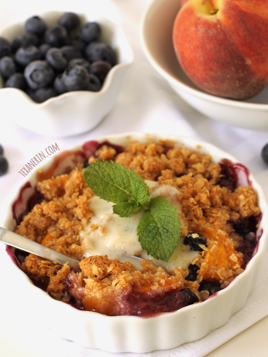 Blueberry Peach Crumble – just uses oats and ground up oats, meaning it's coincidentally gluten-free and 100% whole grain. But nobody will be able to tell!