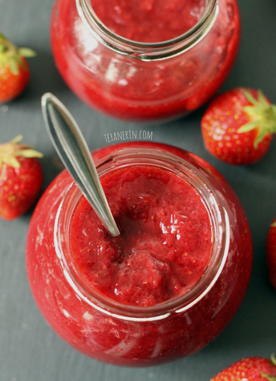 Homemade Strawberry Jam - sweetened with just a little honey, this strawberry jam is bursting with strawberries! | texanerin.com