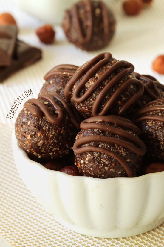 These chocolate hazelnut fudge bites are raw and naturally grain-free, gluten-free and dairy-free with a vegan option! Can be put together in less than 5 minutes.