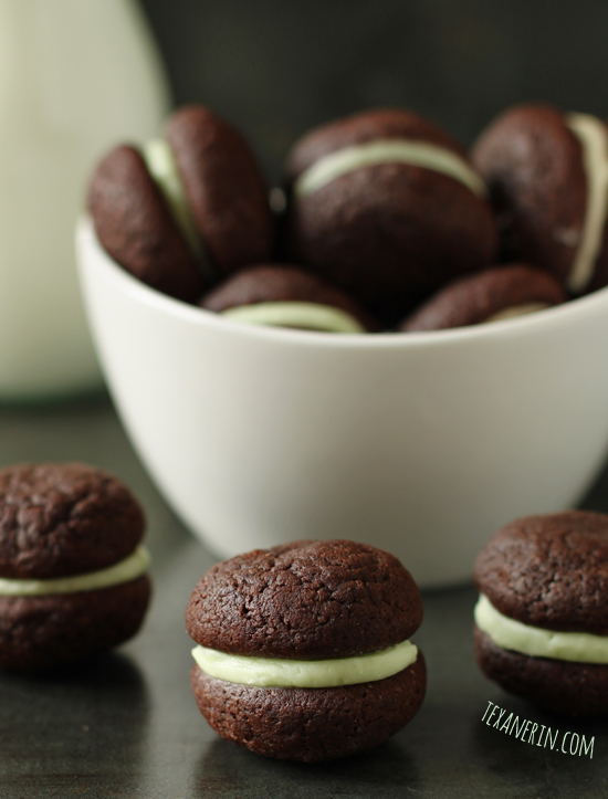Soft Chocolate Mint Sandwich Cookies made healthier from texanerin.com