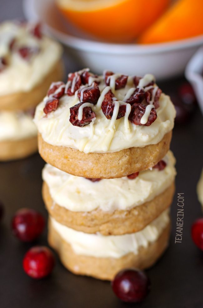 Cranberry Bliss Cookies with white chocolate cream cheese frosting (whole grain option)