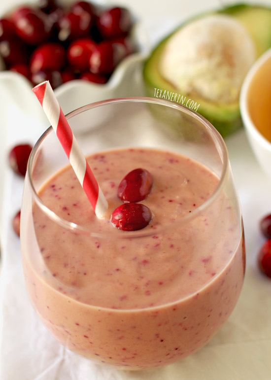 Cranberry Orange Avocado Smoothie – naturally sweetened with banana and can be made dairy-free and vegan! From texanerin.com