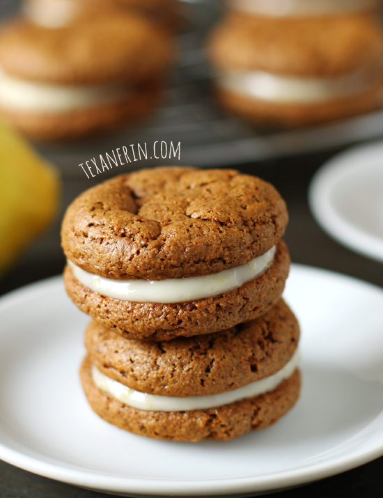 Chewy Ginger Sandwich Cookies with Lemon Filling – grain-free with a dairy-free chocolate alternative! From texanerin.com