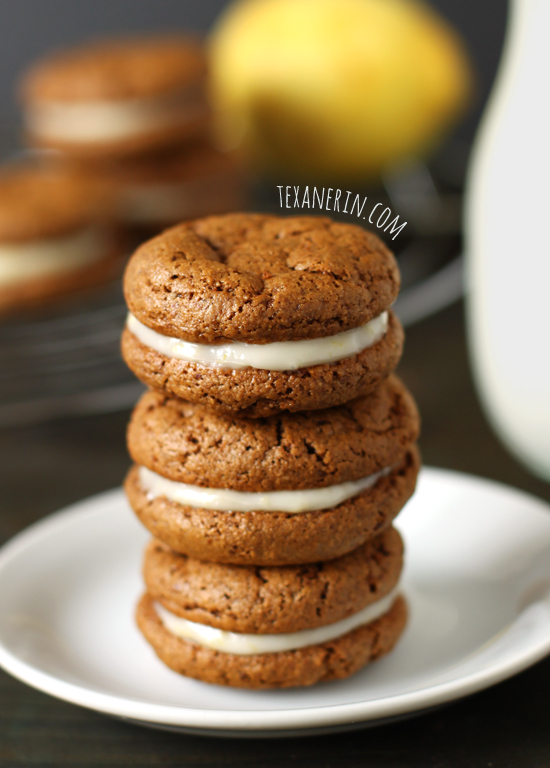 Chewy Ginger Sandwich Cookies with Lemon Filling – grain-free with a dairy-free chocolate alternative! From texanerin.com