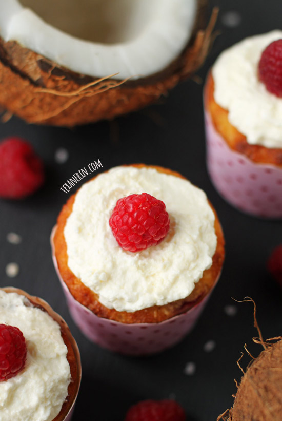Raspberry Coconut Cupcakes – grain-free, gluten-free and with a dairy-free option!