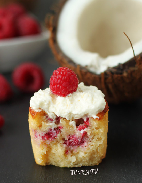 Gluten-free + Grain-free Raspberry Coconut Cupcakes. With a dairy-free option.