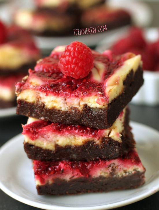 Raspberry Cheesecake Brownies made healthier. Adapted from the famous Baked brownies! From texanerin.com