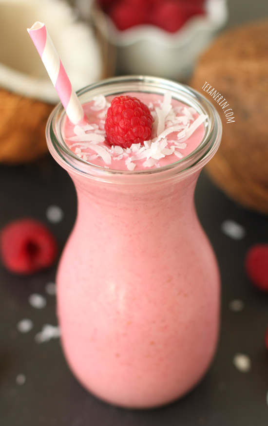 Raspberry Coconut Smoothie from texanerin.com – happens to be dairy-free and vegan!