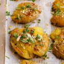 Roasted Smashed Potatoes with Garlic and Cheese (so easy!)