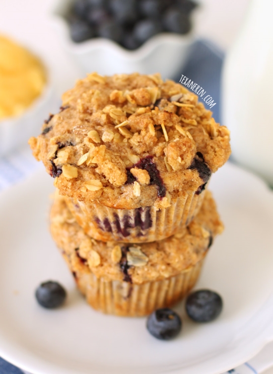 These blueberry muffins are stuffed with lemon curd and are made healthier with whole grains!