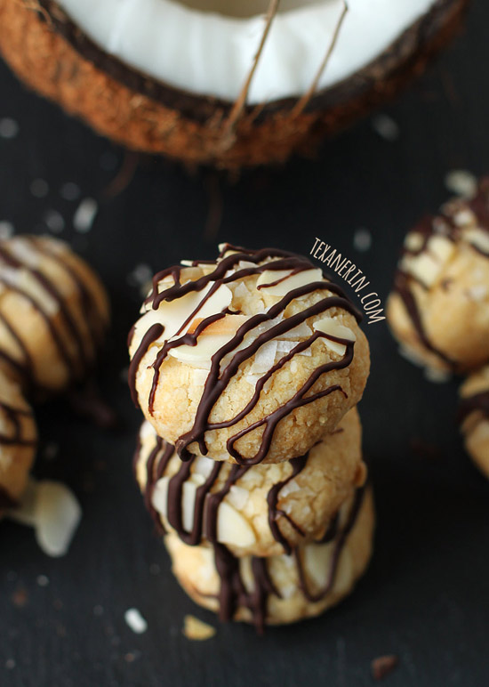 These healthier Almond Joy cookies are gluten-free, grain-free, dairy-free and vegan, but despite all that, they taste amazing and are perfectly soft and chewy!