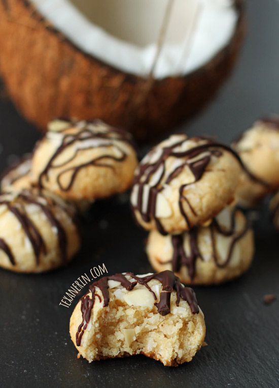 These healthier Almond Joy cookies are gluten-free, grain-free, vegan and dairy-free, but despite all that, they taste amazing and are perfectly soft and chewy!