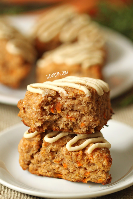 Carrot Cake Scones made healthier with whole grains, less sugar and maple sweetened cream cheese frosting!