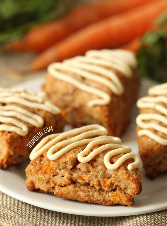 These carrot cake scones are made a little healthier with whole grains, less sugar and maple-sweetened cream cheese frosting!