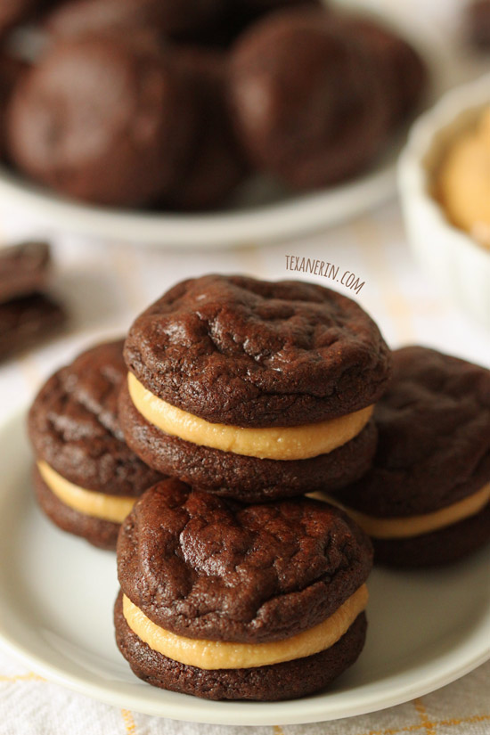 These Flourless Chocolate Peanut Butter Cookie Sandwiches are grain-free, dairy-free and super easy to put together!